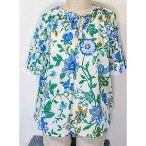 Philosophy Womens 2X NWT Floral Peasant Blouse Cotton Tie Neck Blue Green Top